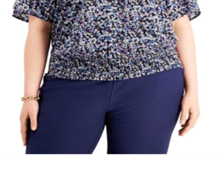 Blusa feminina Michael Kors com decote em V floral, azul, tamanho 1X