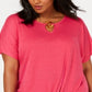 Top feminino NY Collection com decote em V e abertura nas costas, rosa, tamanho 3X