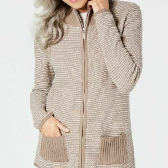 Karen Scott Cardigan texturizado com zíper frontal feminino bege tamanho extra grande