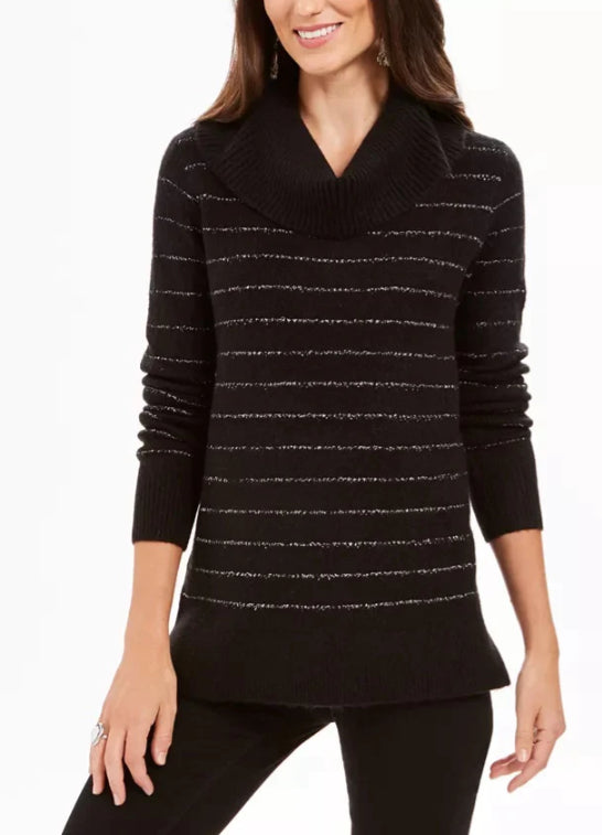 Suéter feminino estilo &amp; co lurex gola alta preto tamanho extra grande