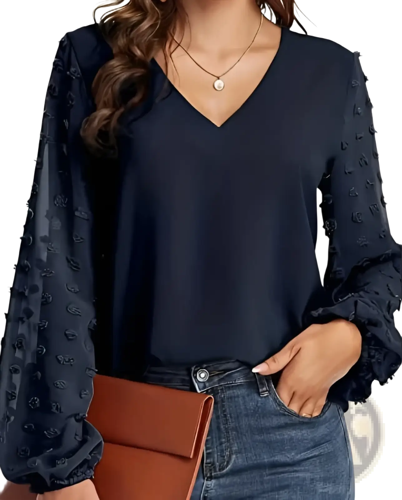 Swiss Dot v Neck Chiffon Blouse with Textured Ruffle Sleeves
