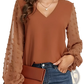Swiss Dot v Neck Chiffon Blouse with Textured Ruffle Sleeves