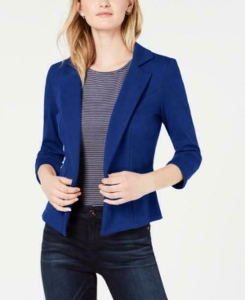 Blazer de malha feminino Maison Jules com manga 3/4, azul marinho, tamanho pequeno