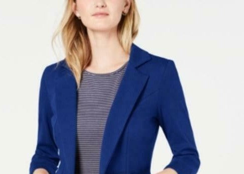 Blazer de malha feminino Maison Jules com manga 3/4, azul marinho, tamanho pequeno