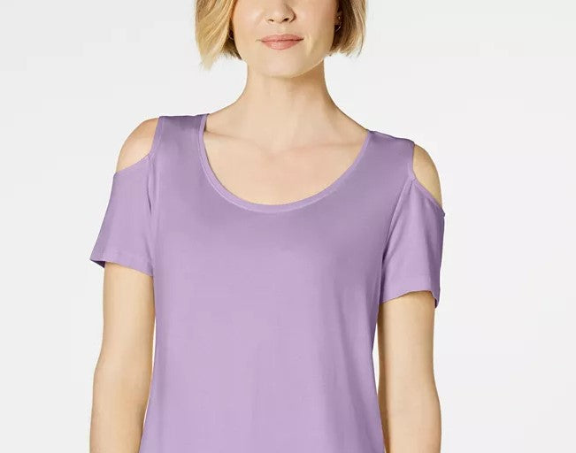 Camiseta feminina JM Collection com ombros descobertos e manga curta, tamanho grande, roxa, tamanho médio