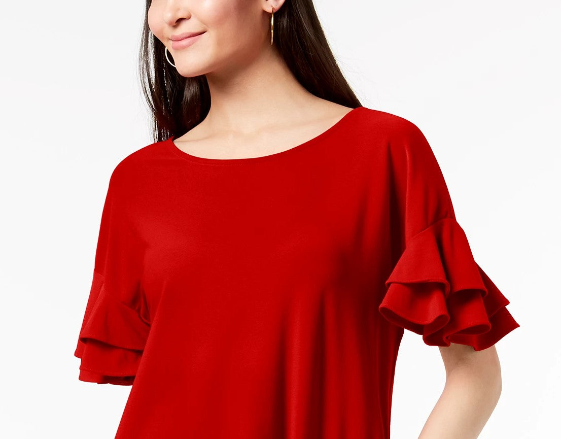 Blusa feminina pequena com mangas franzidas INC International Concepts, vermelha escura, tamanho médio