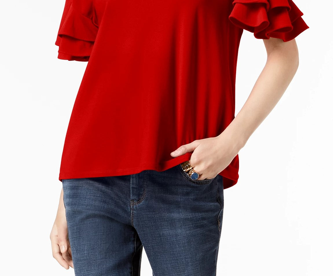 Blusa feminina pequena com mangas franzidas INC International Concepts, vermelha escura, tamanho médio