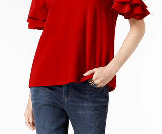 Blusa feminina pequena com mangas franzidas INC International Concepts, vermelha escura, tamanho médio