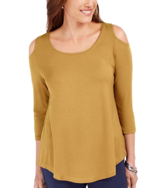 JM Collection Top feminino com ombros descobertos, dourado, tamanho extrapequeno