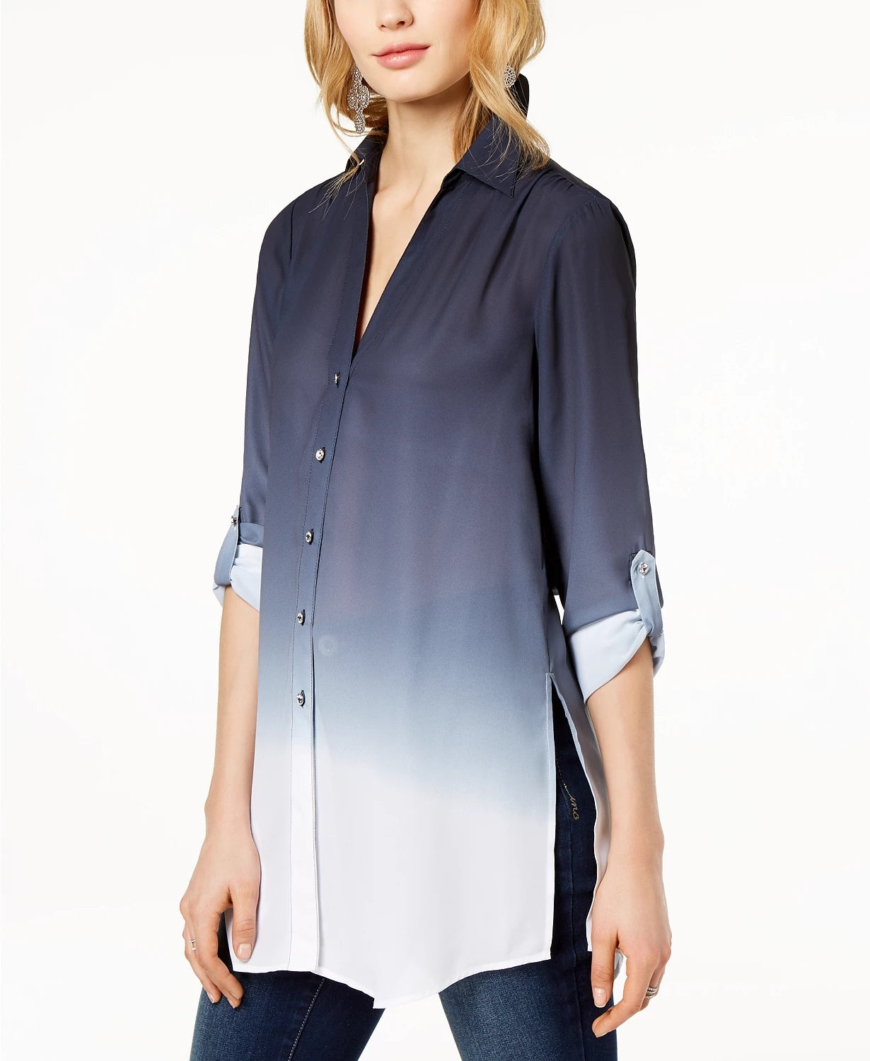 Túnica feminina com botões frontais e tingidos por imersão da INC International Concepts, tamanho médio, azul-marinho