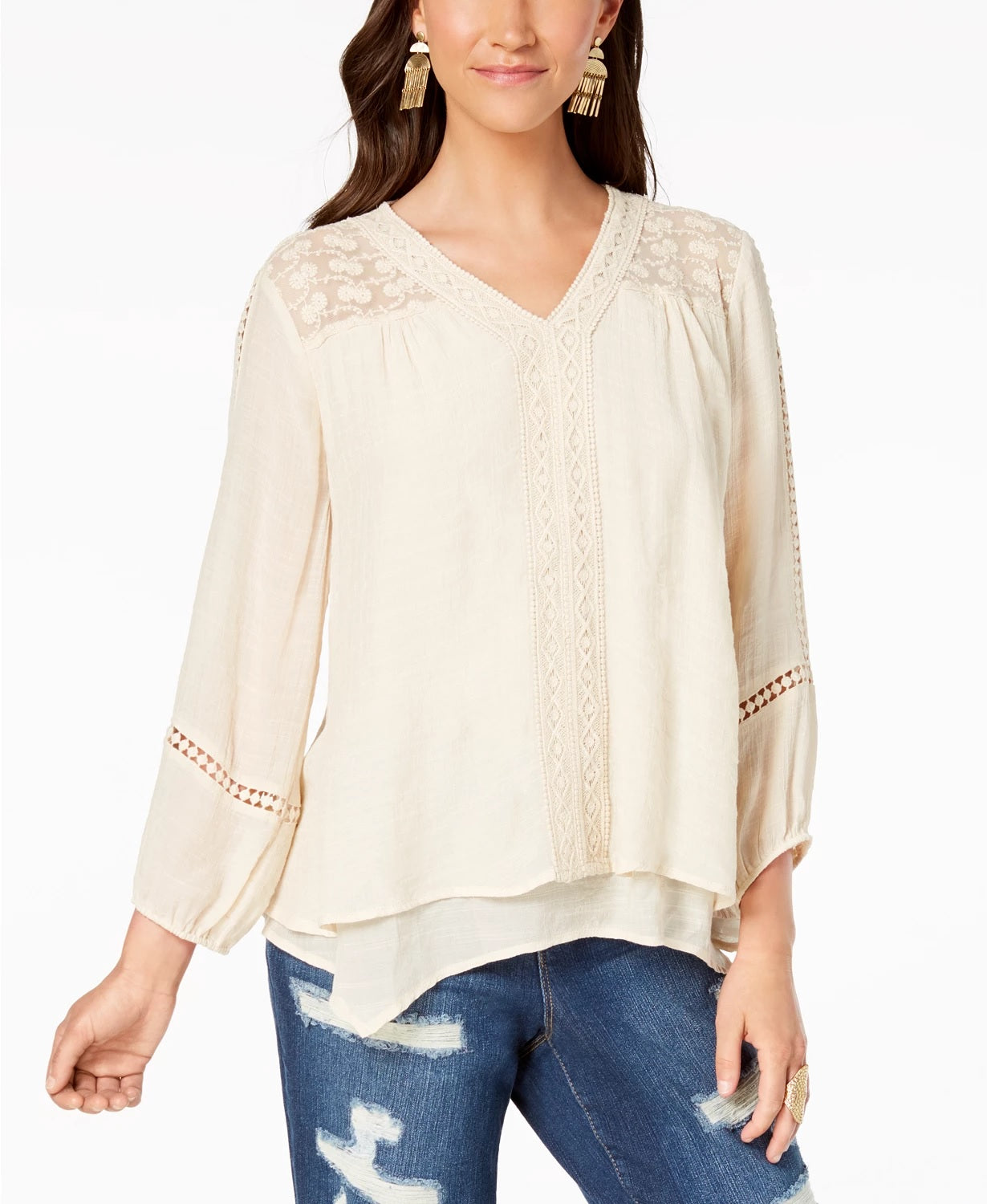 Top feminino estilo &amp; co com bainha e lenço de renda, branco, tamanho pequeno
