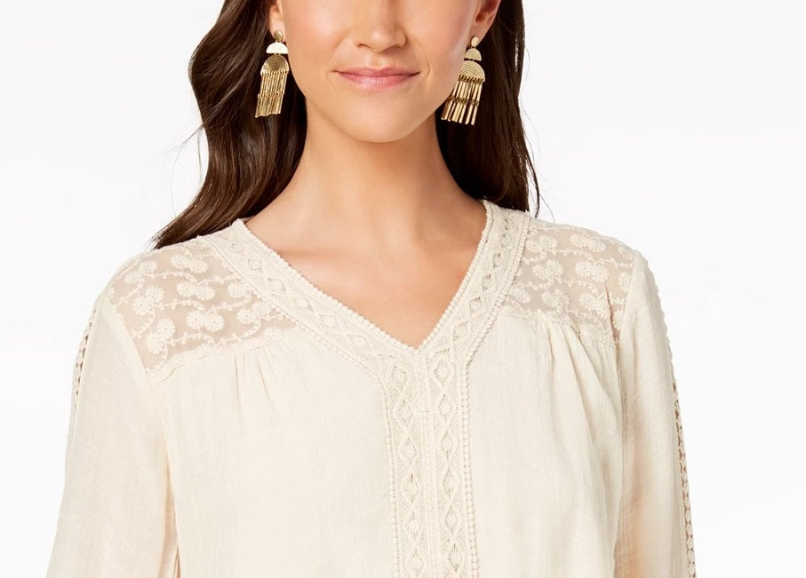 Top feminino estilo &amp; co com bainha e lenço de renda, branco, tamanho pequeno