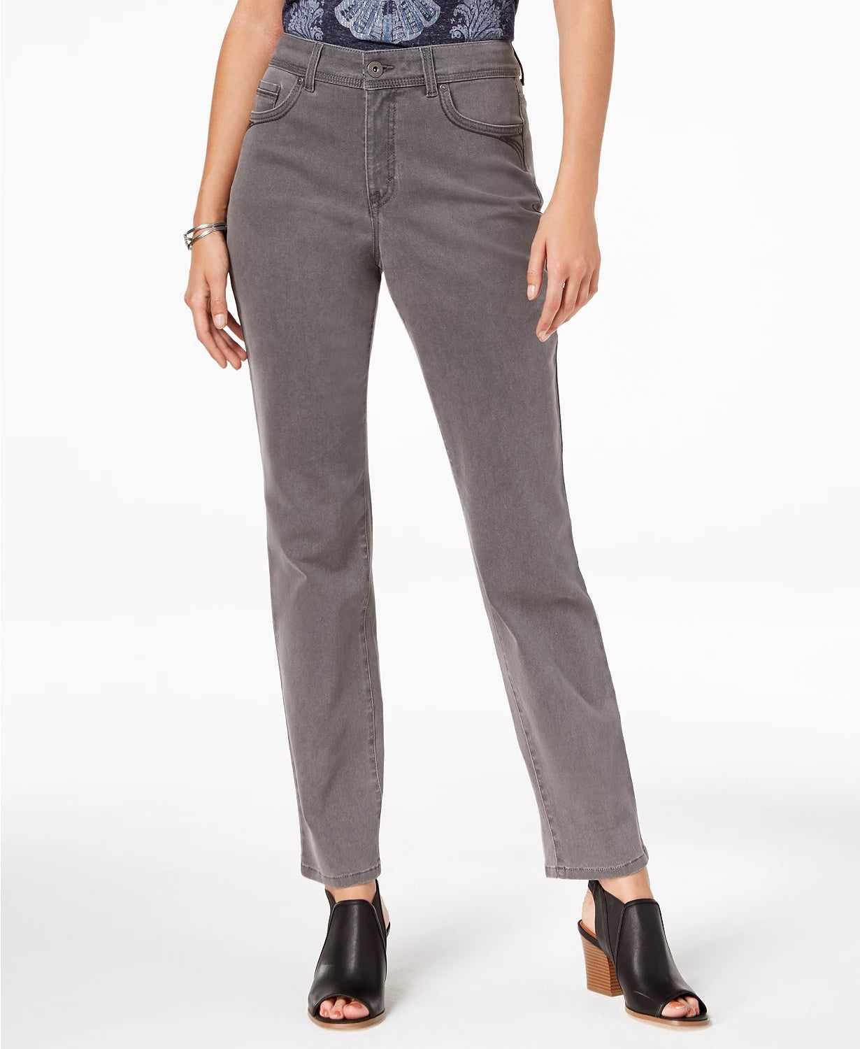 Jeans feminino estilo &amp; co com controle de barriga e perna reta, cinza-claro, tamanho 10