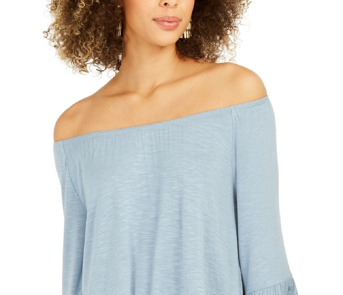 Blusa feminina estilo &amp; co, ombro de fora, manga sino, azul, tamanho médio