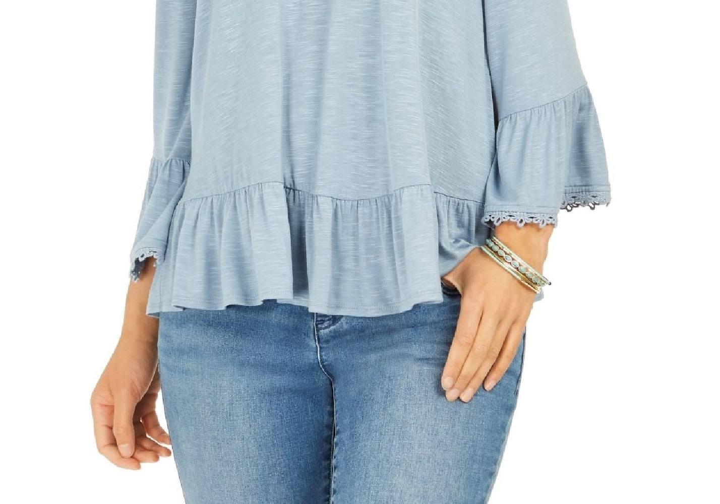 Blusa feminina estilo &amp; co, ombro de fora, manga sino, azul, tamanho médio