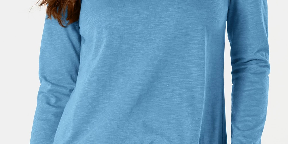 Blusa feminina de manga comprida e gola redonda, tamanho médio, azul, tamanho X-S