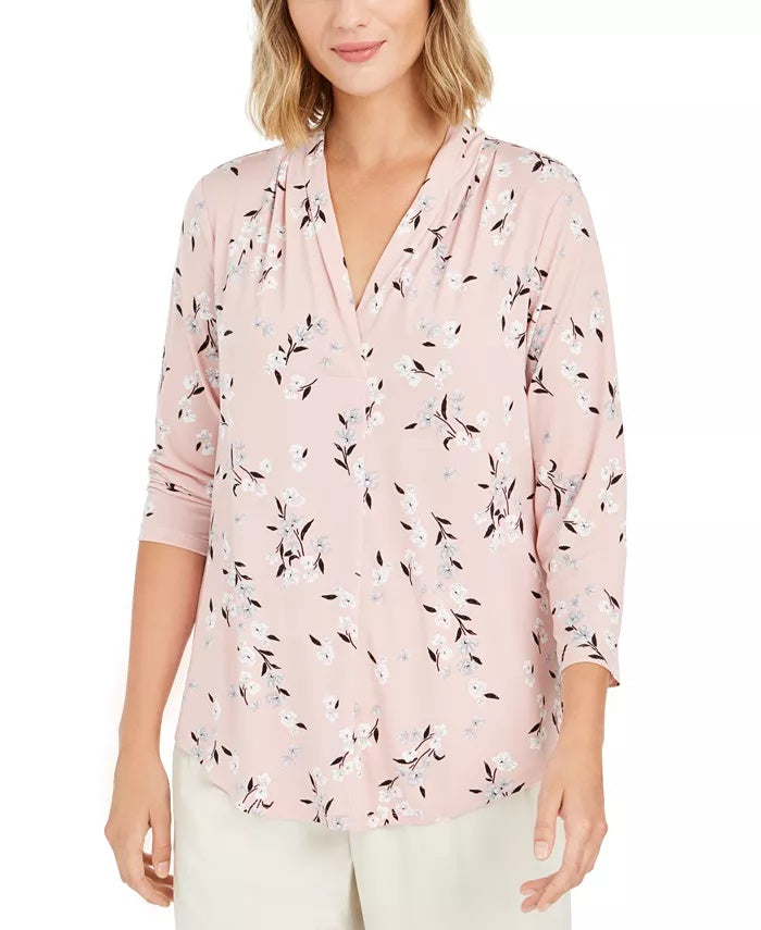Top feminino estampado com decote em V Charter Club, tamanho Lt/Paspink, tamanho G