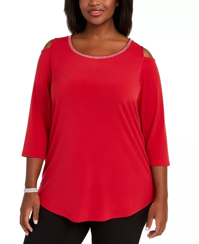 Coleção Feminina JM Plus Size Túnica com Ombros Descobertos e Acabamento Diamonte Vermelho Médio Tamanho 3X