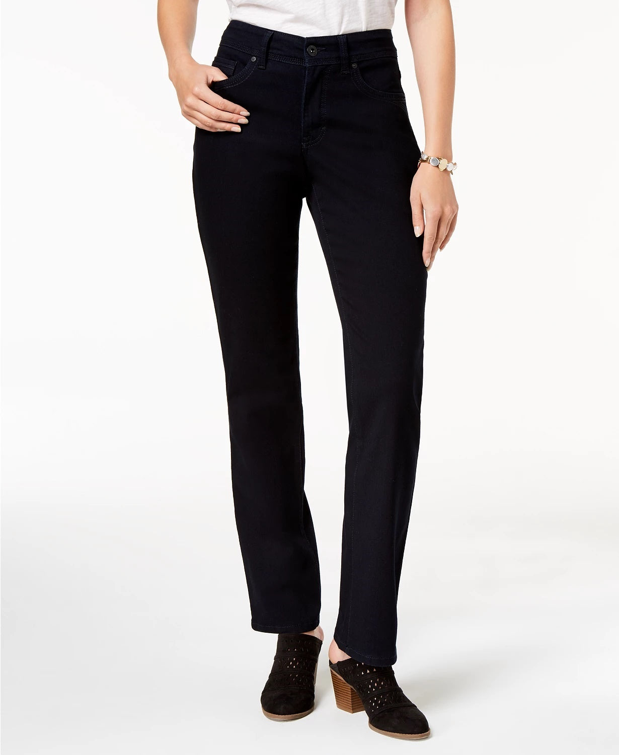 Calça jeans feminina estilo &amp; co com controle de barriga e perna reta, azul escuro, tamanho 4
