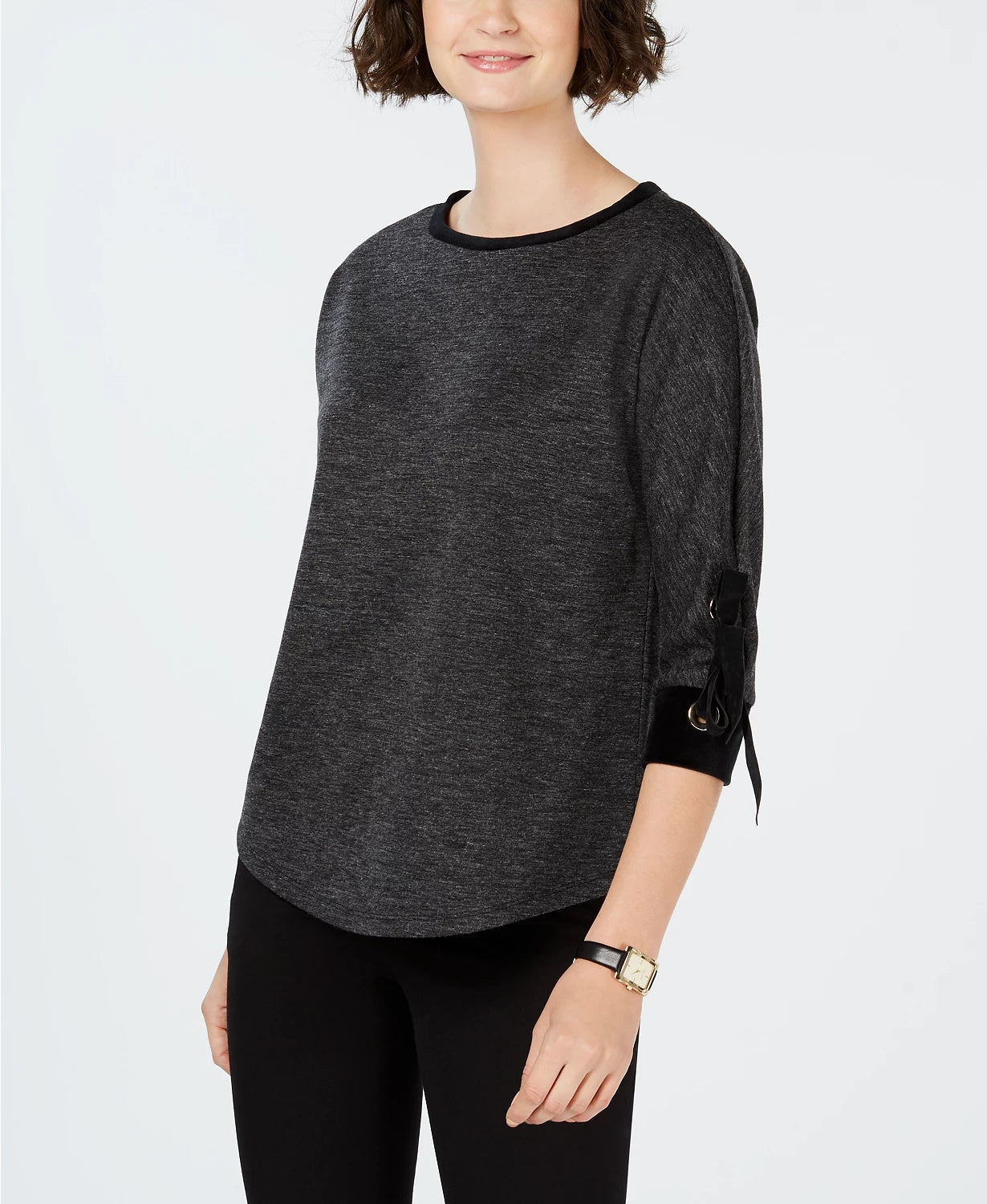 Charter Club Top feminino pequeno com mangas amarradas, preto, tamanho pequeno pequeno