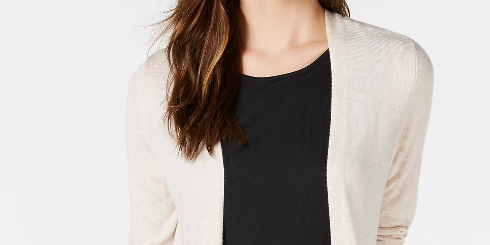 Cardigan longo de malha aberta na frente, bege escuro, tamanho grande, Maison Jules para mulheres