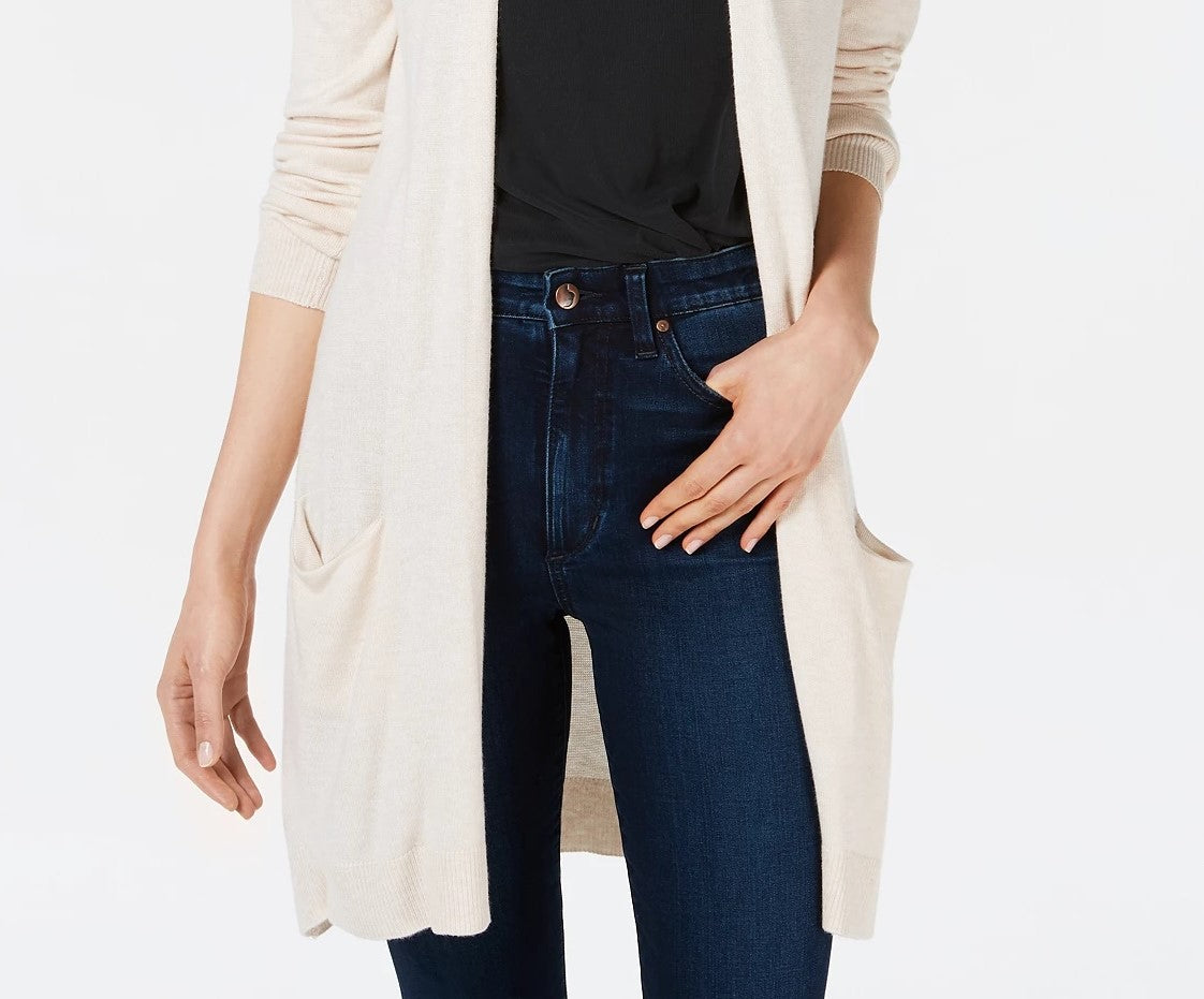 Cardigan longo de malha aberta na frente, bege escuro, tamanho grande, Maison Jules para mulheres