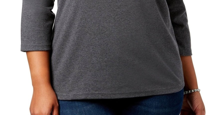 Blusa feminina Karen Scott de algodão com acabamento em botões, cinza, tamanho pequeno