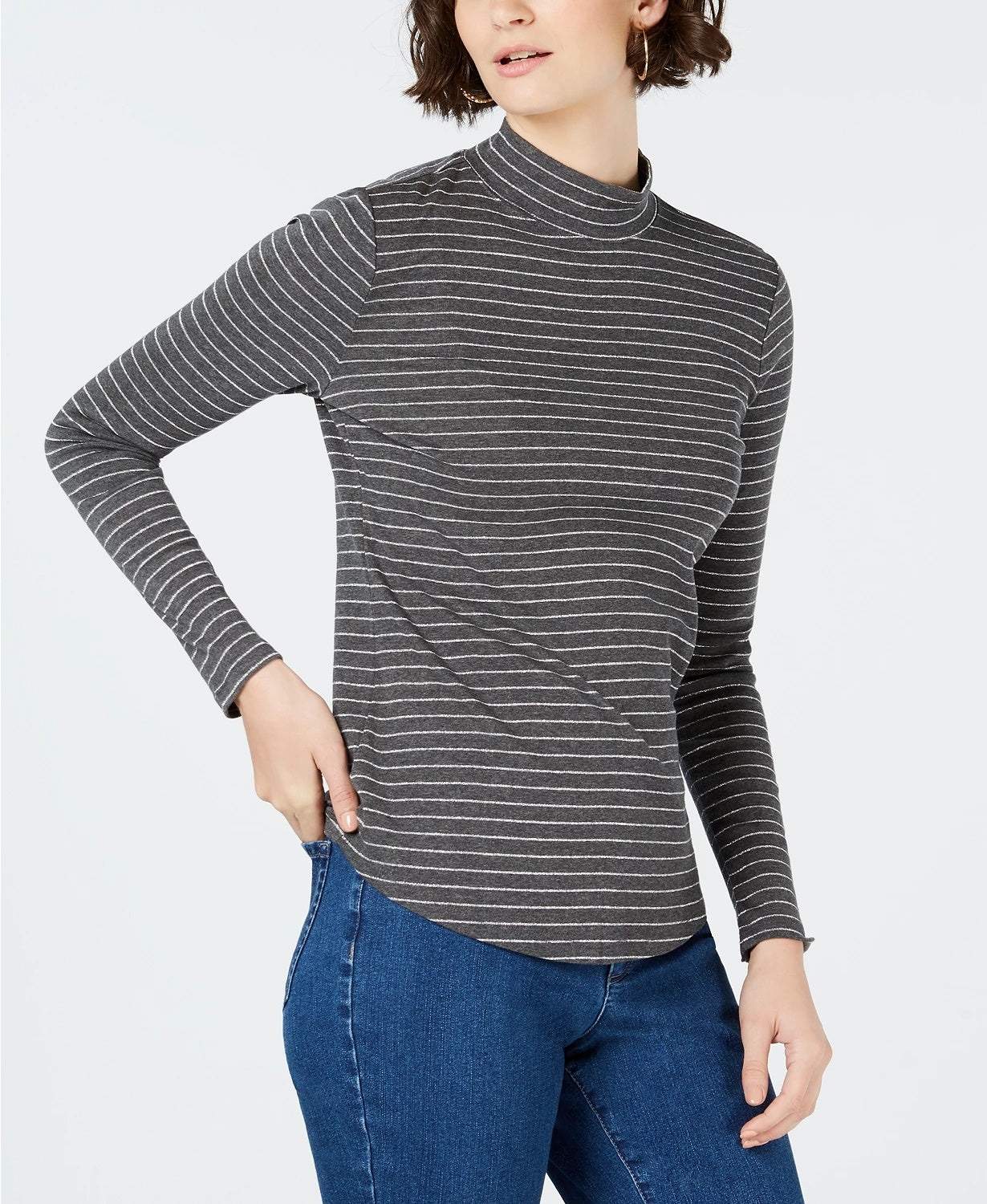 Camiseta feminina de algodão listrada com gola falsa Charter Club, cinza escuro, tamanho pequeno