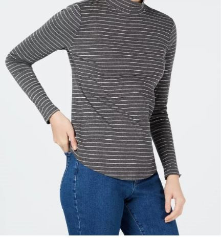 Camiseta feminina de algodão listrada com gola falsa, tamanho X-S, cinza escuro, Charter Club