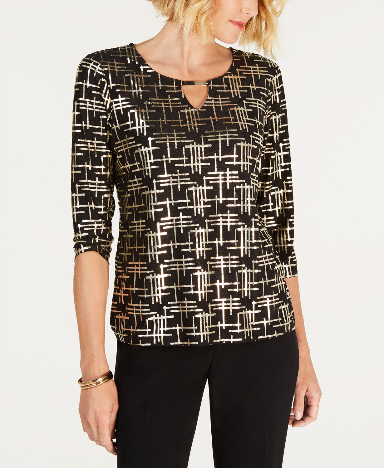 JM Collection Top Feminino Petite Estampado Jacquard Preto Tamanho Médio