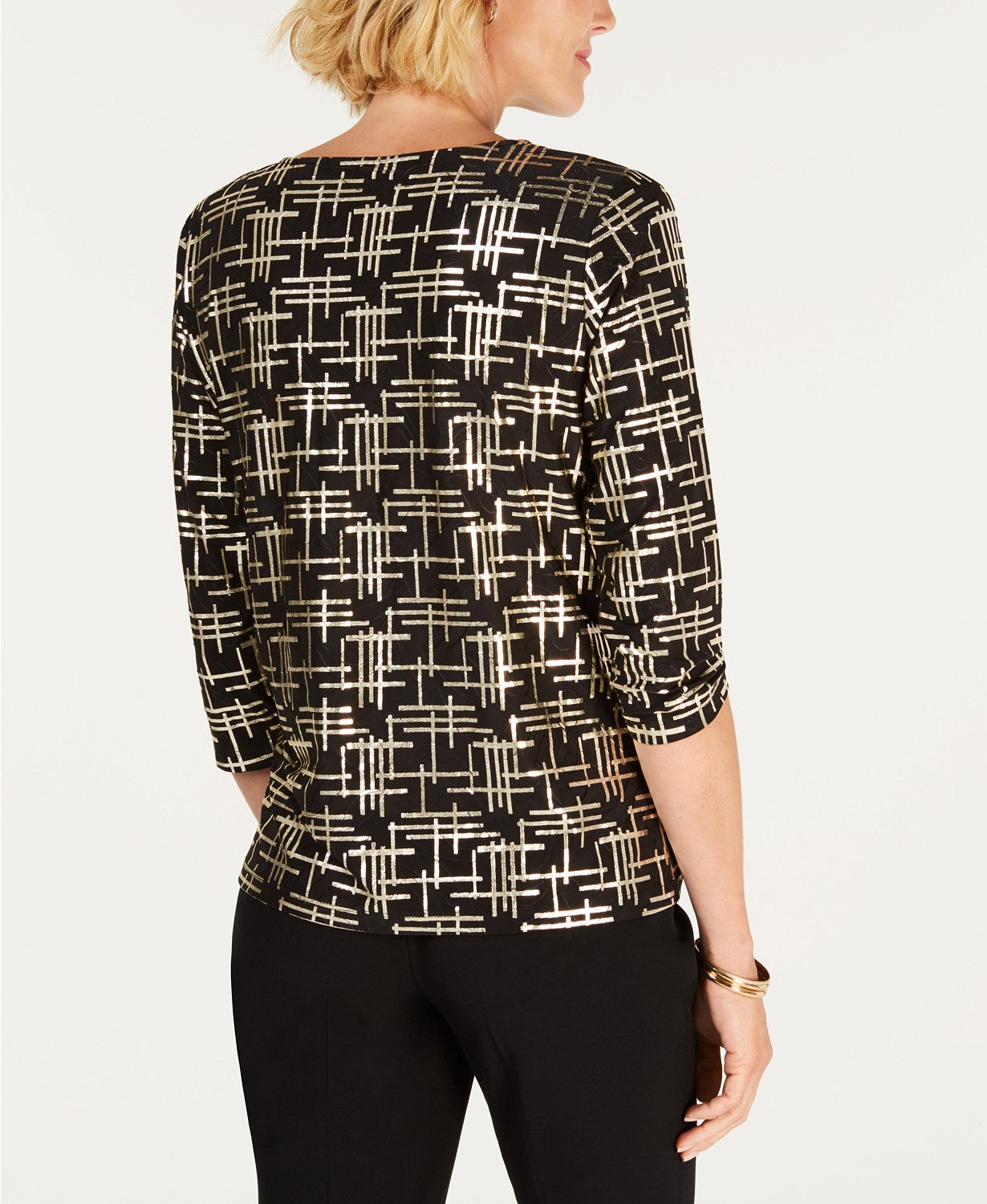 JM Collection Top Feminino Petite Estampado Jacquard Preto Tamanho Médio