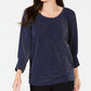 JM Collection Top feminino metálico com decote canoa, azul-marinho, tamanho médio