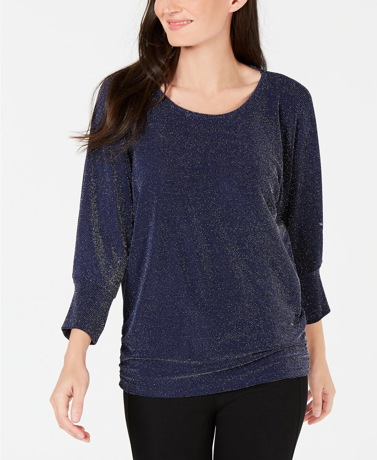 JM Collection Top feminino metálico com decote canoa, azul-marinho, tamanho médio