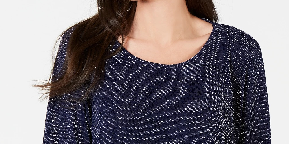 JM Collection Top feminino metálico com decote canoa, azul-marinho, tamanho médio