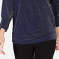 JM Collection Top feminino metálico com decote canoa, azul-marinho, tamanho médio