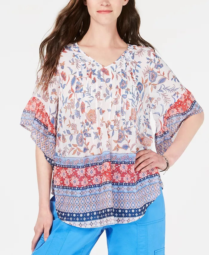 Top feminino com estampa de cachecol retrô e pregas estilo &amp; co, azul marinho, tamanho extragrande