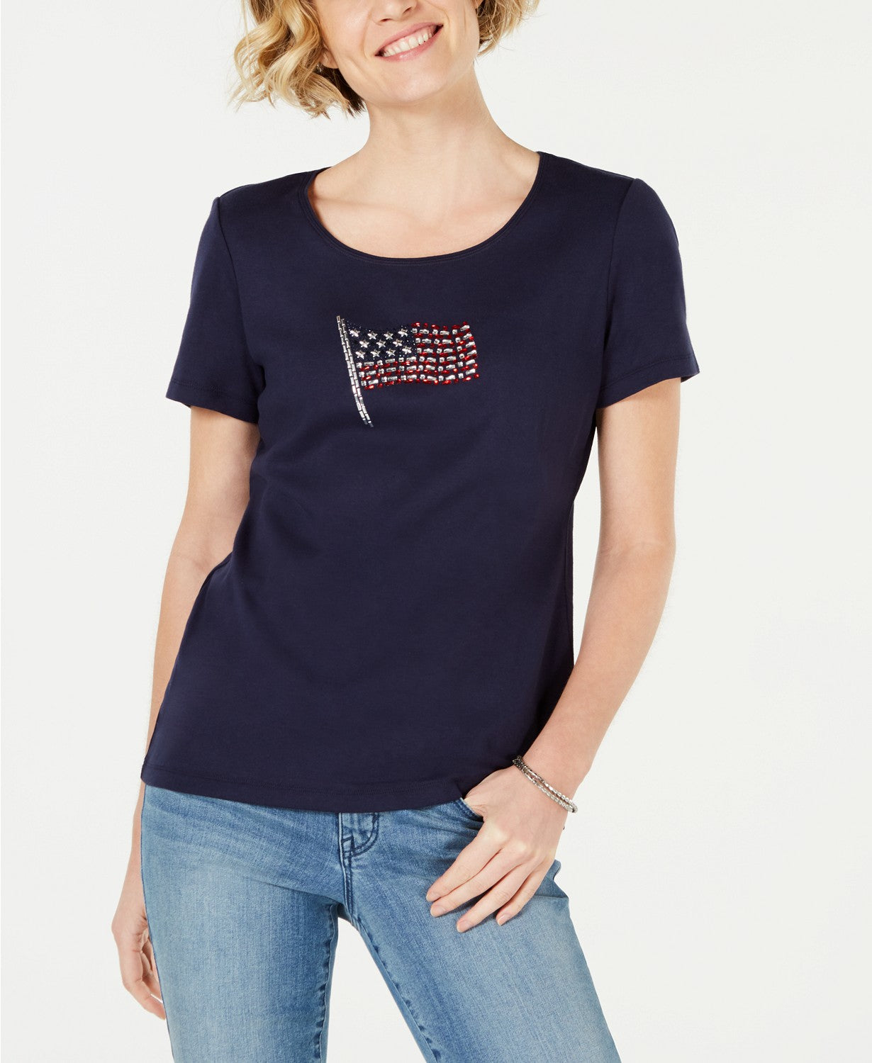 Camiseta feminina Karen Scott de algodão com estampa de bandeira, azul, tamanho XX-G