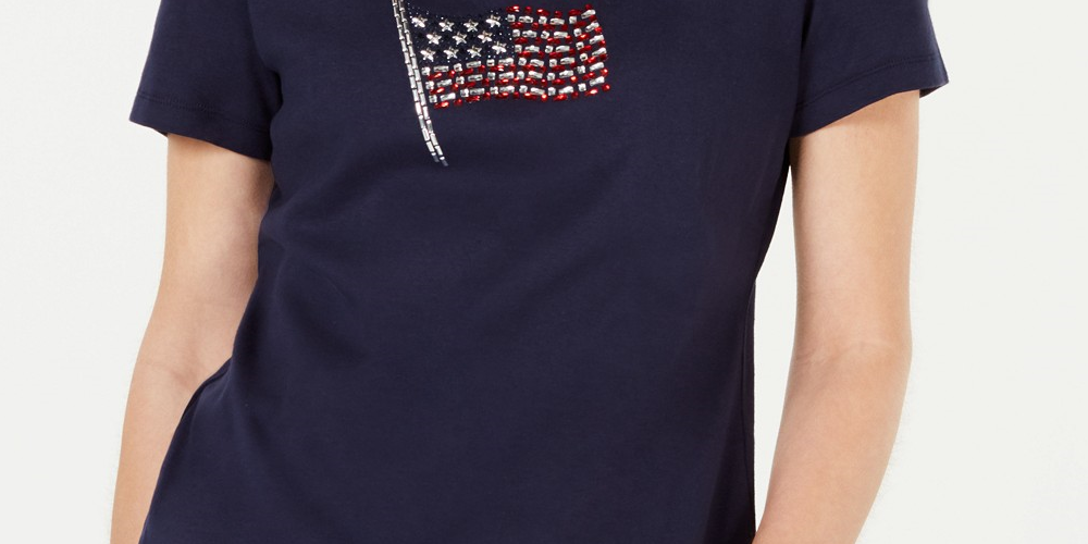 Camiseta feminina Karen Scott de algodão com estampa de bandeira, azul, tamanho XX-G