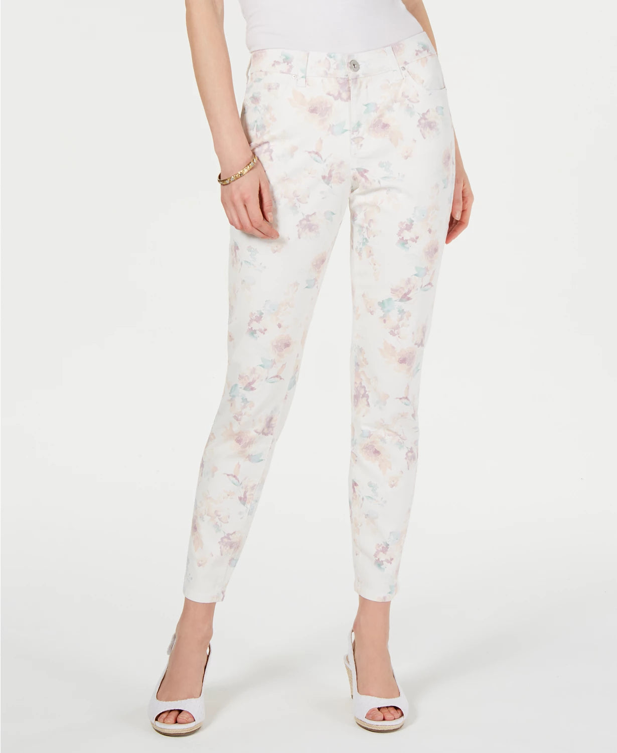 Calça jeans skinny feminina com estampa floral, branca, tamanho 12, da Style &amp; Co