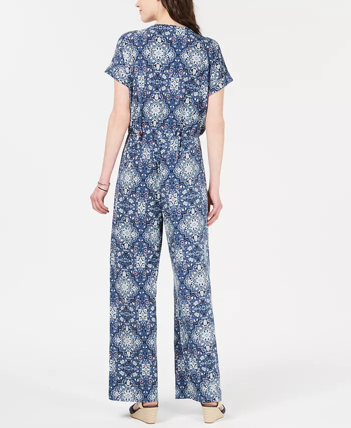 Macacão de malha estampado com decote em V feminino Style &amp; Co, azul escuro, tamanho médio