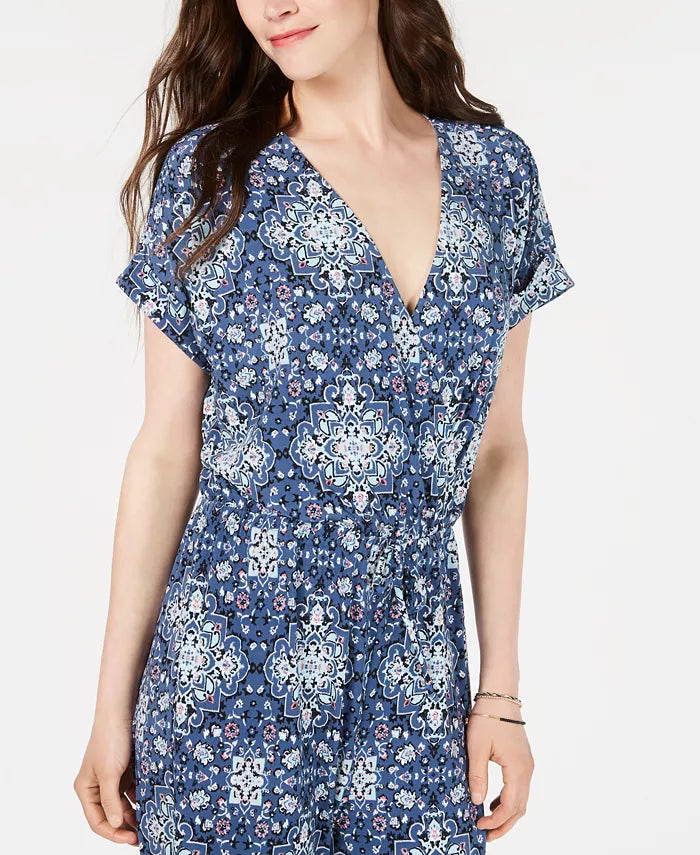 Macacão de malha estampado com decote em V feminino Style &amp; Co, azul escuro, tamanho médio