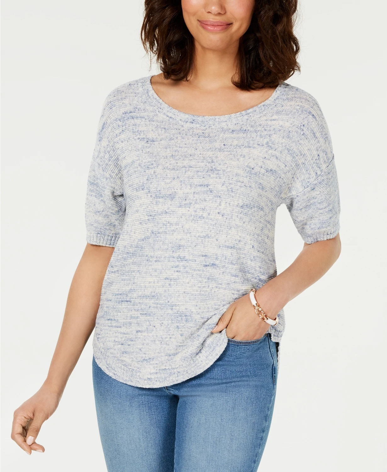 Suéter feminino Charter Club de algodão com tingimento espacial e mangas curtas, tamanho grande, azul