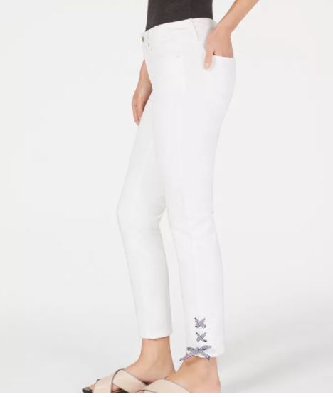 Calça jeans skinny feminina Charter Club com cadarço xadrez, branca, tamanho 8