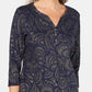 Blusa feminina Karen Scott com estampa de folhas e manga 3/4, tamanho azul marinho, pequena e pequena