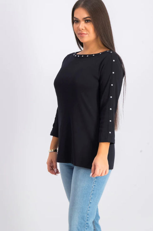 Karen Scott Top Feminino de Algodão com Decote Canoa e Tachas, Preto, Tamanho Médio