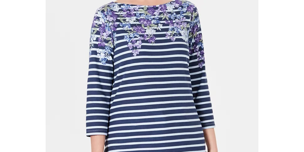 Karen Scott Blusa Feminina Estampada Manga Três Quartos Azul Tamanho X-G