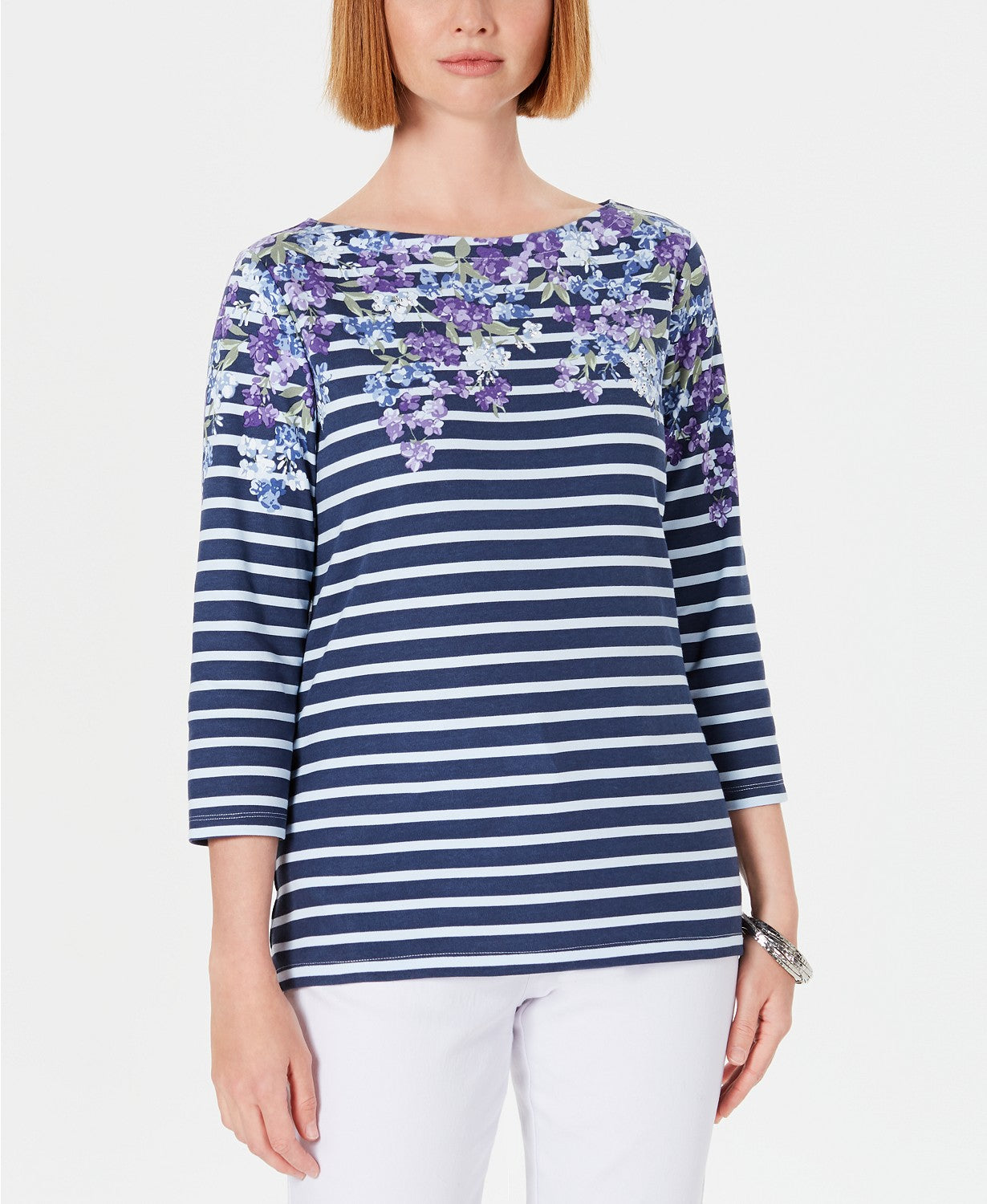 Blusa estampada Karen Scott feminina, manga três quartos, azul, tamanho X-S