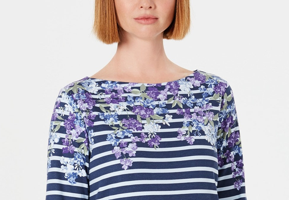 Blusa estampada Karen Scott feminina, manga três quartos, azul, tamanho X-S