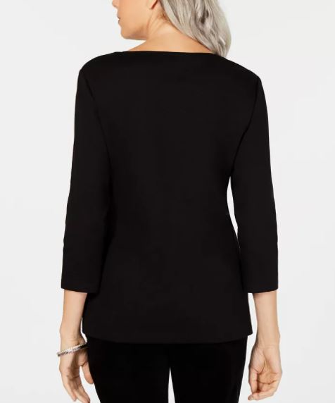 Karen Scott Blusa de algodão com manga 3/4 feminina, preta, tamanho grande
