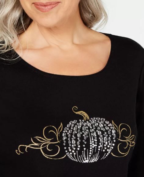 Karen Scott Blusa de algodão com manga 3/4 feminina, preta, tamanho grande